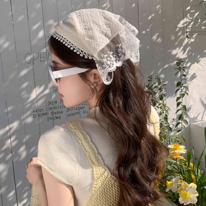 Turbante de encaje retro francés, niña, diadema dulce y linda, diadema, diadema triangular, foto de viaje de verano, tocado