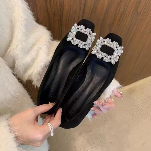 Black commuter square head rhinestones single-layer shoes for women's autumn new French flat high-quality minococcasin-minoccasin-shoes casual shoes