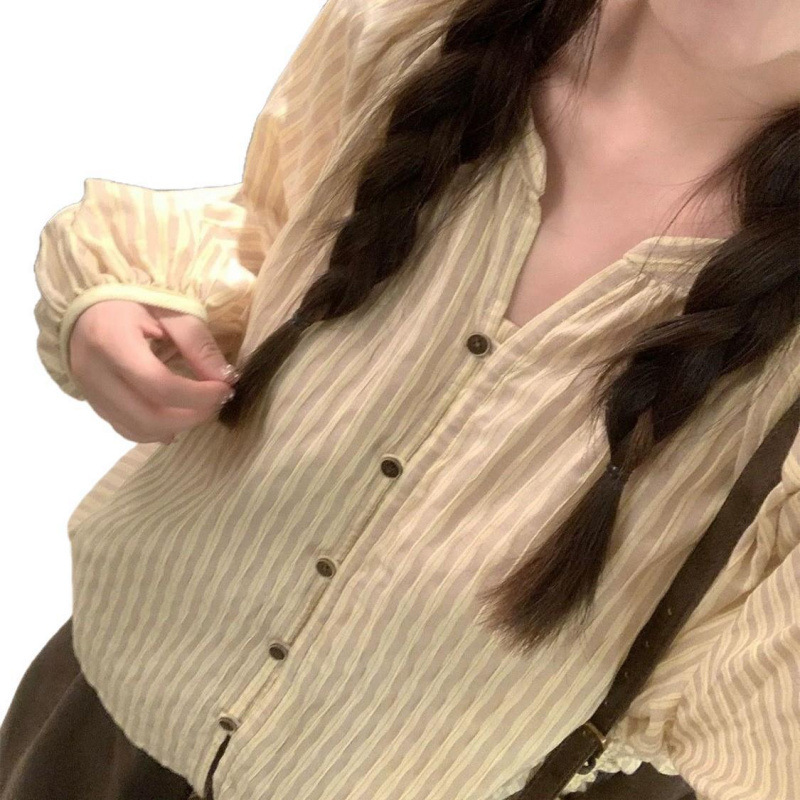 早秋日系双条纹港风衬衣长袖衬衫宽松复古上衣女洋气减龄百搭显瘦|undefined