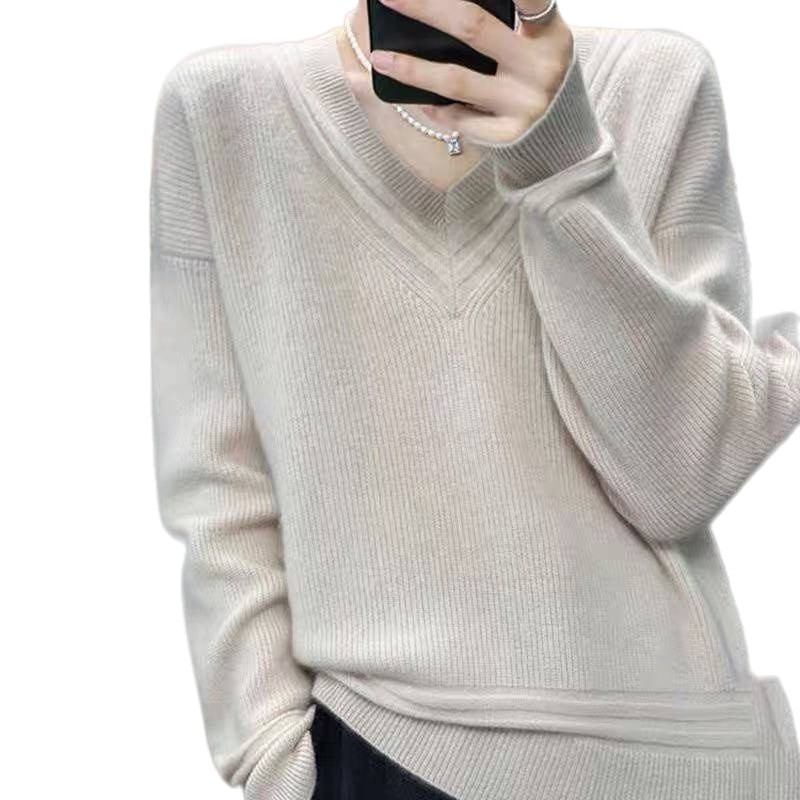 2025 otoño y invierno nuevo suéter de punto de cuello V suelto y perezoso para mujeres de color sólido con camiseta de fondo grande de aire extranjero gruesa