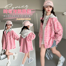 童装一件代发2025秋装新款女童连帽衬衫外套中大儿童甜美格子衬衫