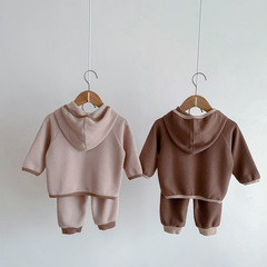 Boys' Autumn Stylish Set 2023 New Check Pattern Hooded Girl Clothes Infant Korean Version Toddler Two-Piece Set