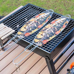 鉄屋外折りたたみバーベキュー魚焼きネット取り外し可能なバーベキュー厚みのあるネットクリップ野菜焼き魚焼きクリップバーベキュークリップ