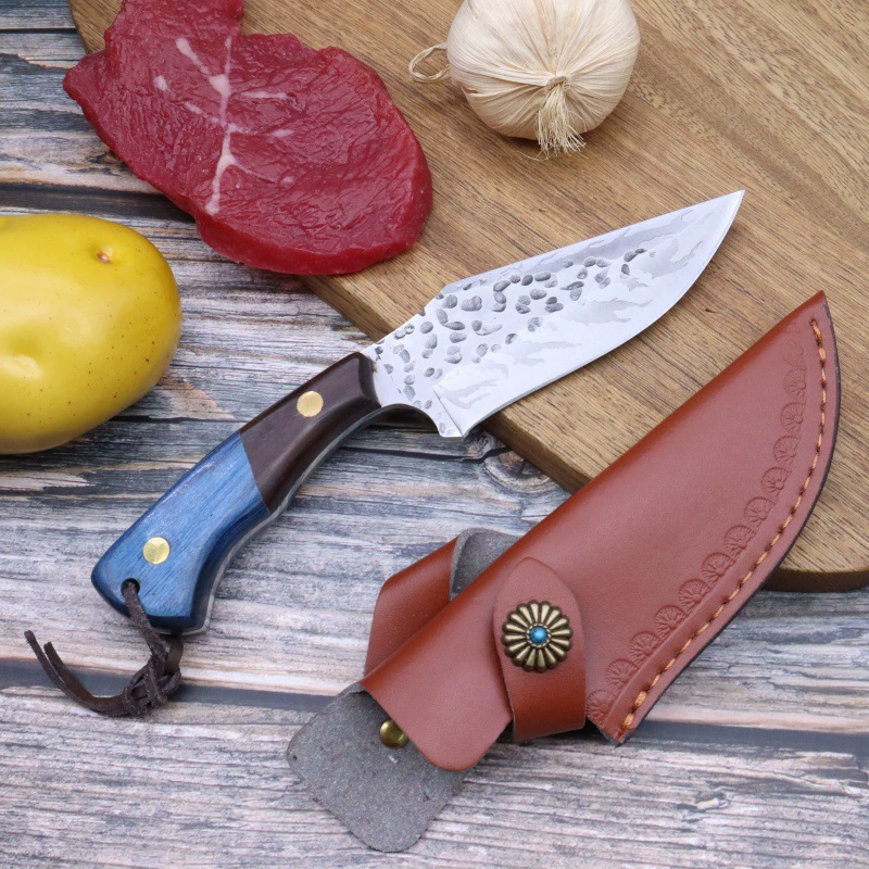 Yangjiang factory directly supplies double-handle hammer-forged straight knife with colorful blades, free leather case for outdoor portability