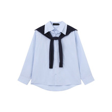 韩版复古披肩蓝色条纹刺绣长袖衬衫男春秋款休闲宽松百搭显瘦衬衣