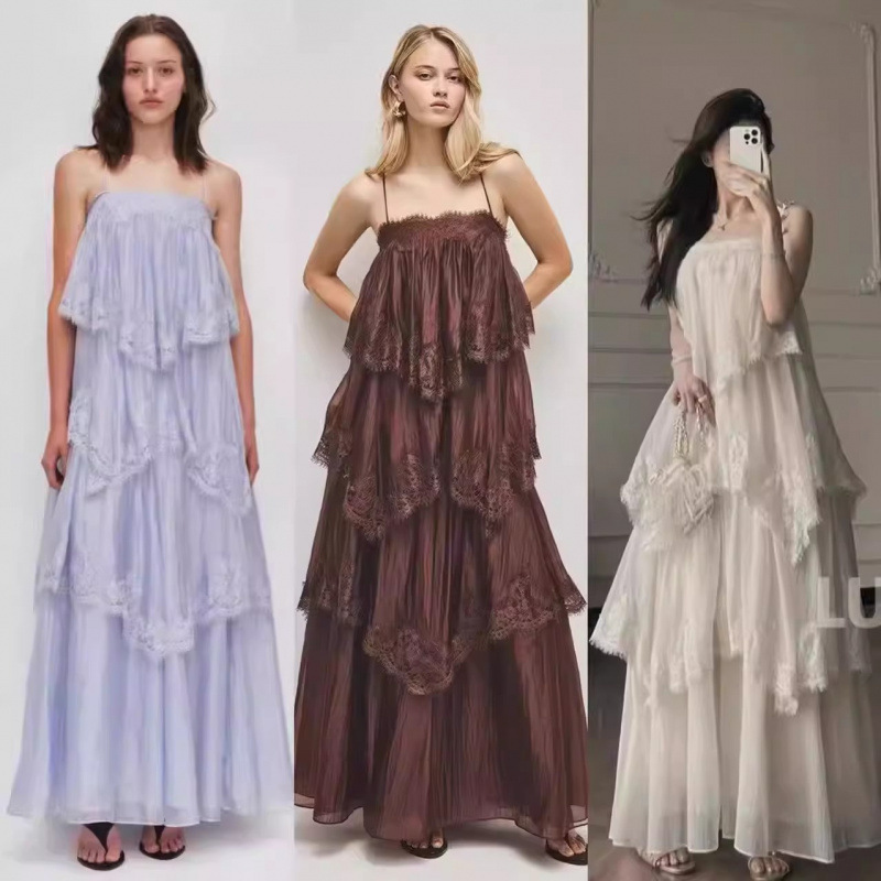 2026 Spring/Summer Lace Strap Vacation Long Dress Sleeveless Ruffle Birthday Party Dress