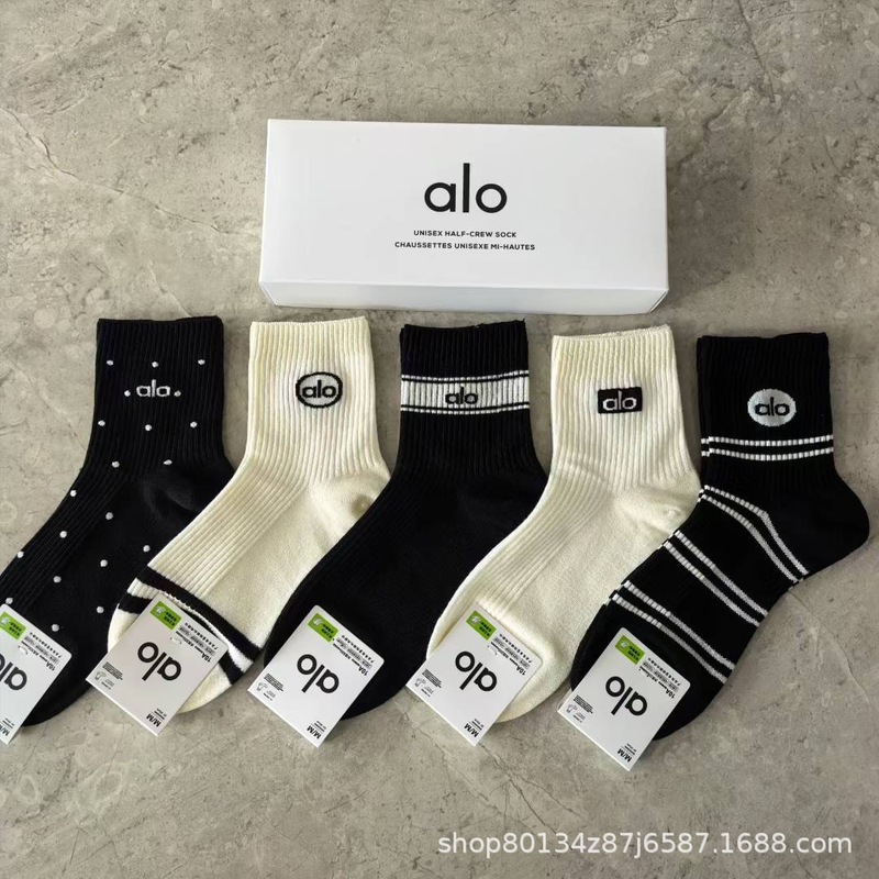 新品alo男女5双盒装运动短袜四季吸汗纯色网眼棉袜时尚男女情侣袜|undefined