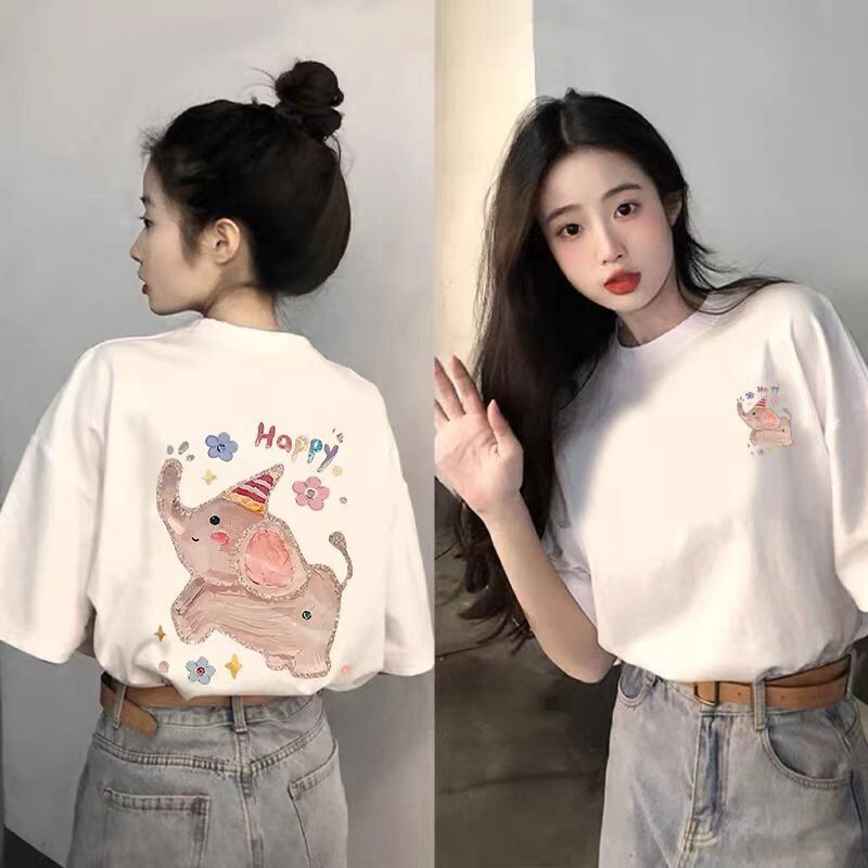 Happy Little Elephant T-Shirt for Women, White Short-Sleeve, Pure Cotton, 2025 New Popular Summer Loose Plus-Size Top, Trendy Tee