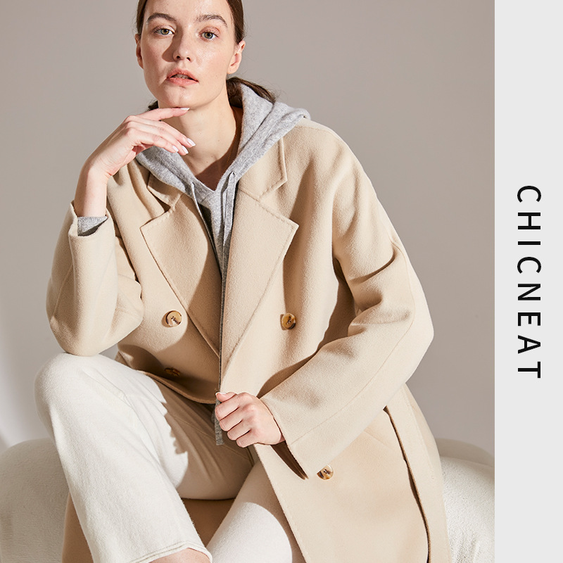 25 Autumn/Winter New m Brand Classic Cocoon-Shaped High-Count Wool Cashmere Handmade Long Double-Sided Wool Coat for Women