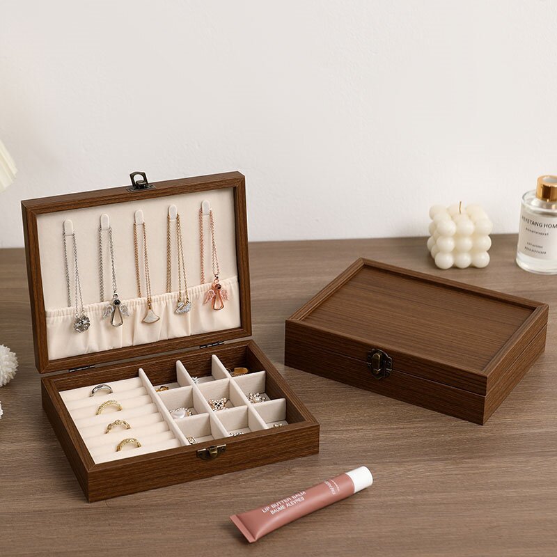 Caja de joyería de nuez caja de almacenamiento pendientes anillo collar brazalete joyería multifuncional polvo al por mayor
