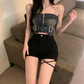 黑色高腰绑带牛仔裤女夏季辣妹修身显瘦设计感小众直筒阔腿短裤子