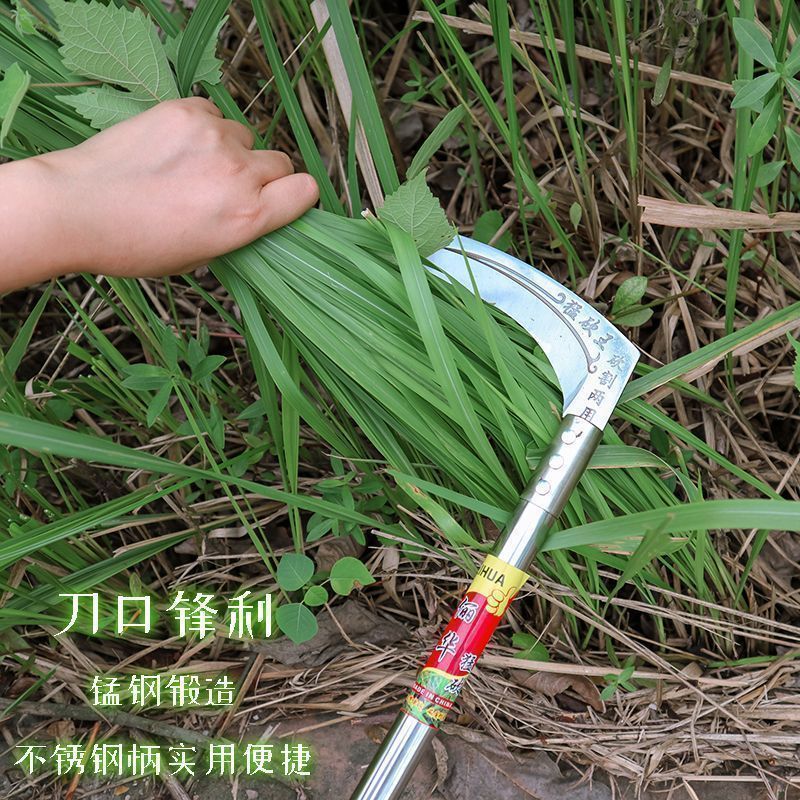 農業用の長い柄の鎌、草刈りナイフ、屋外用の二重目的のトウモロコシと小麦の刈り取り、鋭い山の開拓、除草、キャンプ用|undefined