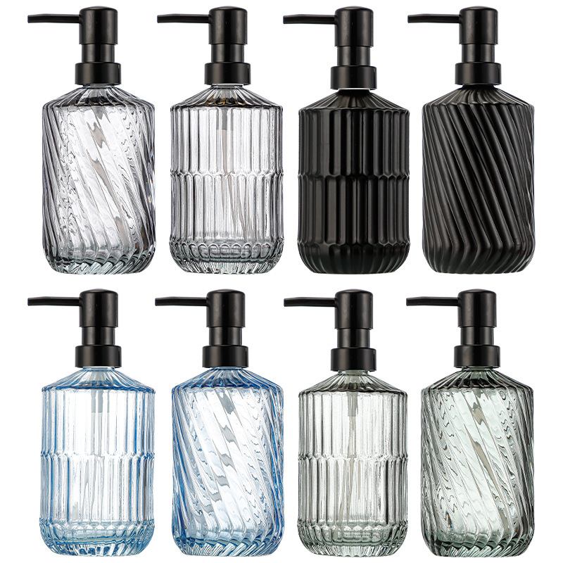 Inventario de lujo nórdico transparente estriado vertical presión cabeza de bomba botella de jabón de gel de baño botella de vidrio