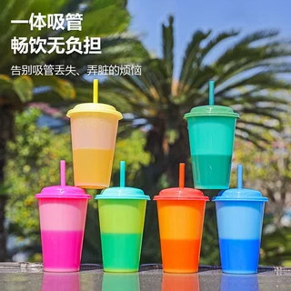 厂家网红遇冷变色冷变运动水杯   单层PP多巴胺渐变塑料吸管杯