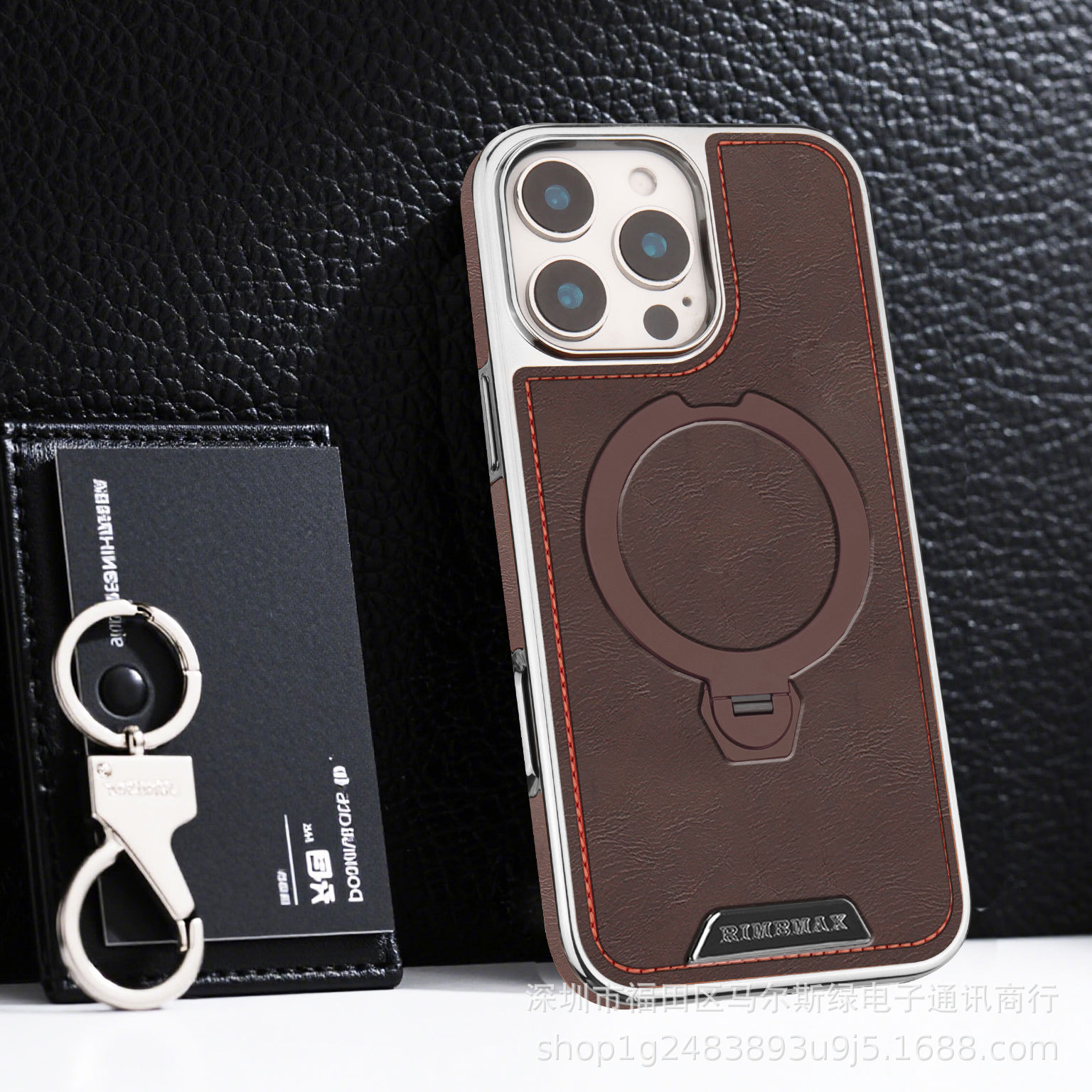 Ốp lưng da cao cấp cho iPhone 16, chống rơi, tích hợp giá đỡ từ tính xoay — Màu đen, Nâu thanh lịch, Nâu mocha, Màu xám chi tiết 12
