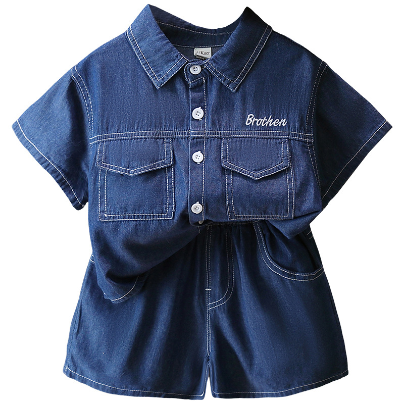7216 traje de mezclilla para niños camisa de manga corta de verano de dos piezas 2025 nuevo vestido de verano coreano de moda para niños