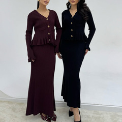 欧米の国境を越えた対外貿易2025秋の女装vネック修身気質百合包尻スカートセーターセット