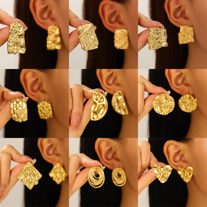 欧美个性锤纹不规则耳环女不锈钢方形纹理耳钉高级感气质耳饰跨境