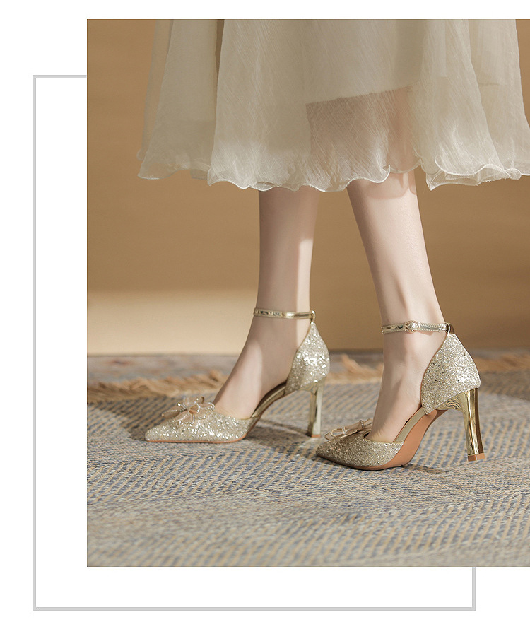 Giày sandal cao gót nữ quai ngang mũi nhọn gót nhọn CH8006-5 — Màu Sâm panh chi tiết 19