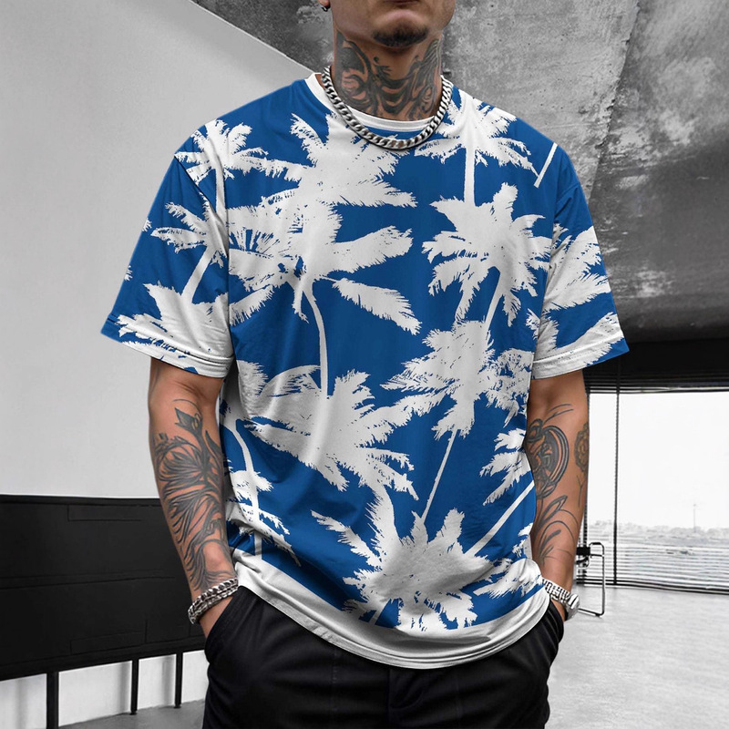Summer Fashion New Hawaiian Style Graphic T-Shirt Men's Trendy Casual Beach Resort Plant Print
