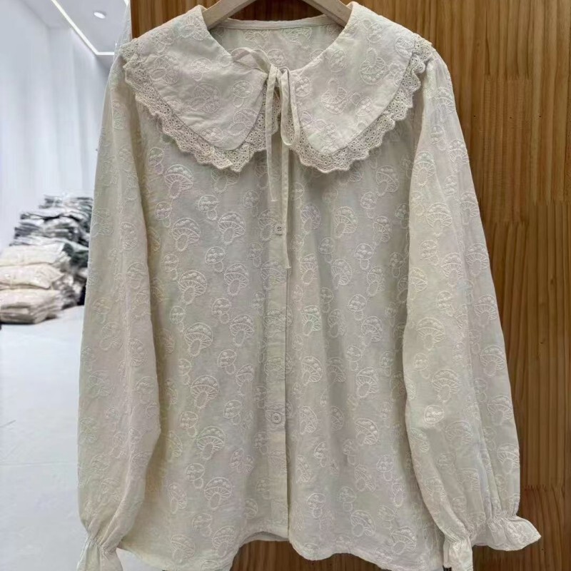 Mori Embroidered Mushroom Jacquard Cotton Shirt Women's Spring New Age-reducing Fresh Style Lace-up Doll Collar Top for Women