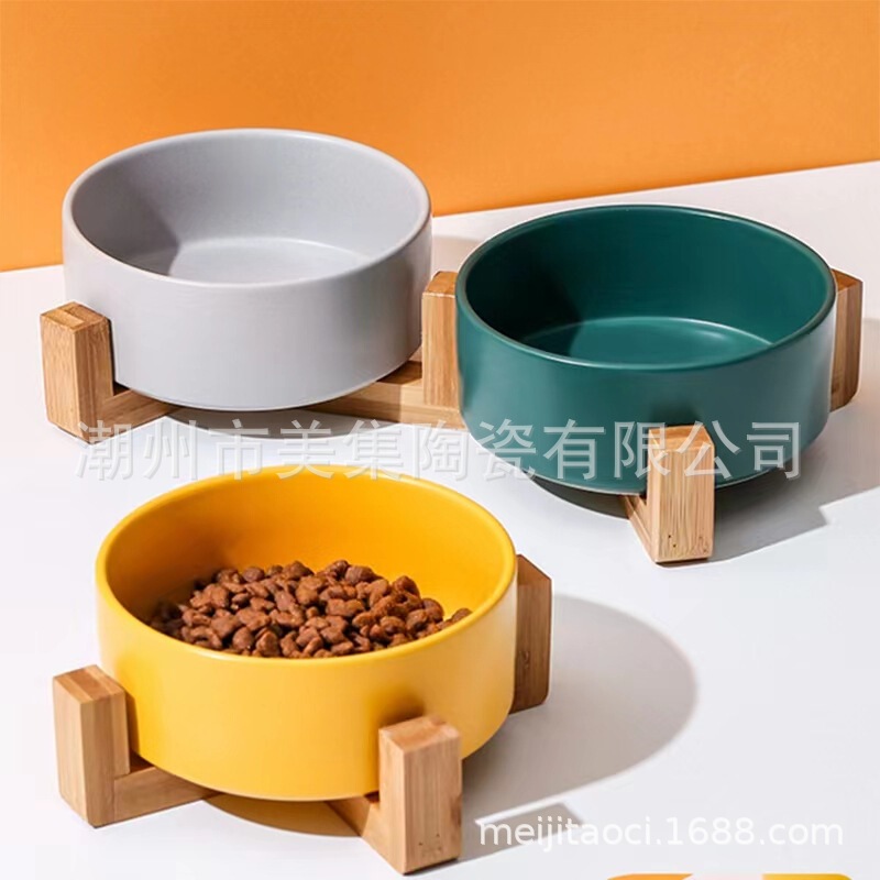 Ceramic Matte Pet Bowl Cat Bowl Solid Wooden Rack Dog Bowl Double Bowl Rice Basin Food Water Bowl Pet Bowl Wholesale