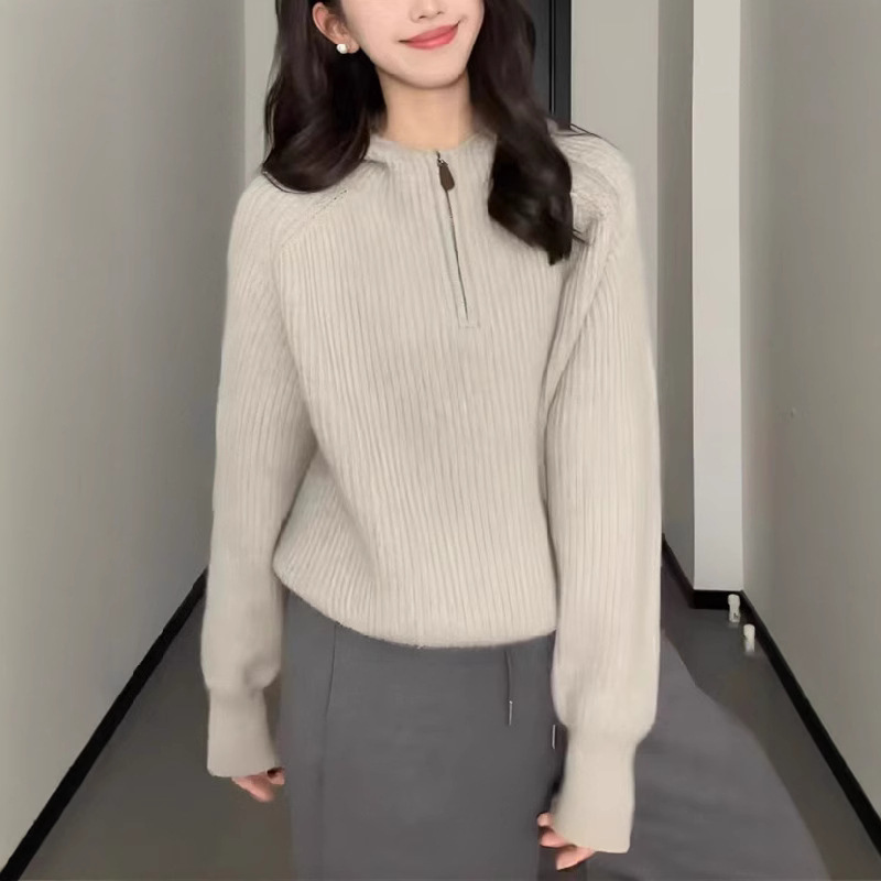 半拉链连帽套头毛衣女2025秋冬新款跨境休闲通勤内搭外穿针织上衣|undefined