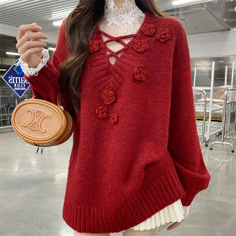 優しくスリムな立体花柄Vネックゆったり長袖セーター2025秋冬新作ニット柔らかトップス