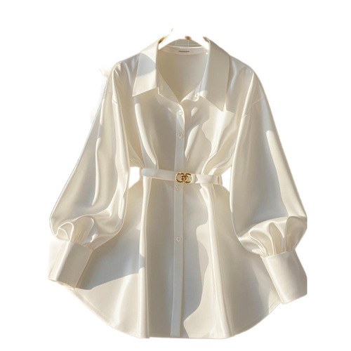 Autumn new style French temperament waist top fat light luxury high-end age-reducing white long-sleeved shirt for women
