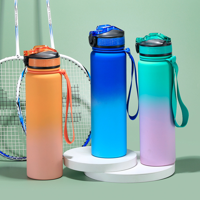 Nueva botella de agua deportiva de acero inoxidable con gradiente de gran capacidad personalizable hecha a mano, taza termo con tapa emergente portátil, venta al por mayor