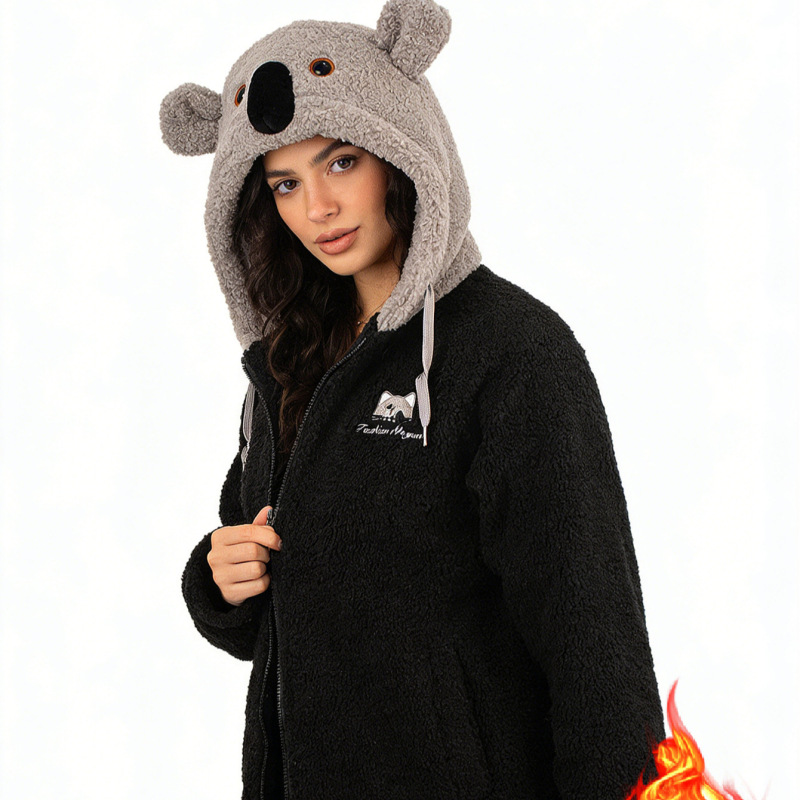 Winter Warm Hooded Jacket with Cute Koala Design, Quilted Cotton Lining, Padded Cotton Coat, and Fur Sweater