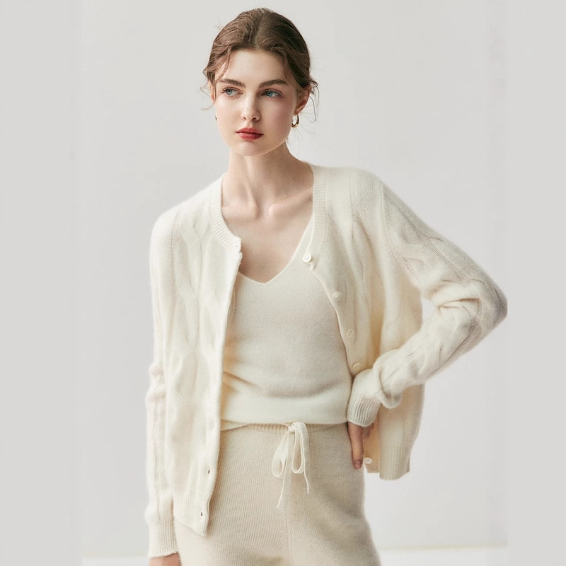 Cashmere Knitted Cardigan Top Slimming Pure Color Jacket Round Neck Loose Twist Sweater Waxy Thick Soft Simple Women's Mountain