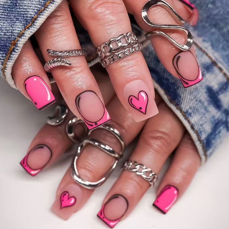 Valentine's Day Pink French Short Square Matte Wearable Manicure Nails Comic Style Export Nail Press Nails
