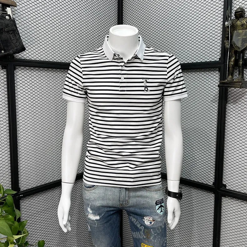 Men's high-end fashion trendy casual striped summer T-shirt, 2022 new style, trendy slim fit, versatile short sleeve.