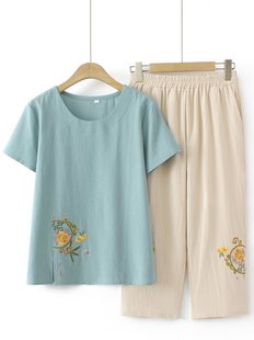 2023 Summer Mom Style Embroidered Short-Sleeved T-Shirt Suit for Middle-Aged and Elderly People, Fashionable Mother-In-Law Ladieswear's Day Women