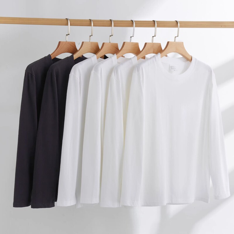 230g Xinjiang Long-Staple Cotton White Long-Sleeve T-Shirt for Women, Heavyweight Solid Color Basic Cotton Base Layer Top T-Shirt for Men