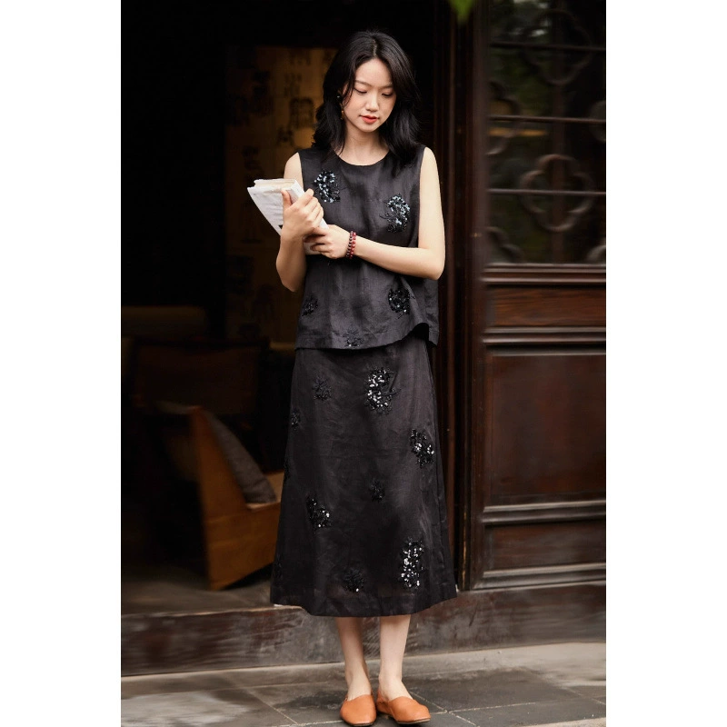 Мошан Ян |   Прозрачный топ и юбка с круглым вырезом и тяжелой вышивкой бисером для женщин 3090