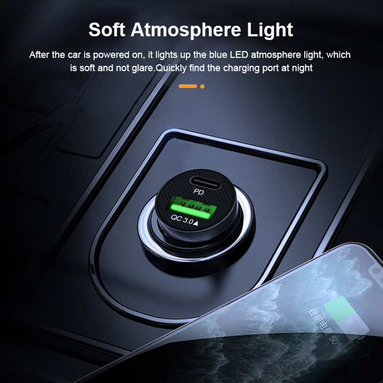 QIHANG 跨境电商爆款车载双口QC3.0USB18W+PD18W超级快充可印LOGO