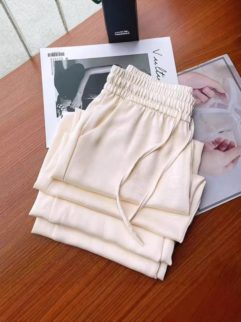 Pantalones anchos de satén de ácido acético chino de estilo fino de verano para mujer, pantalones casuales de cintura alta sueltos rectos 2025 explosivos