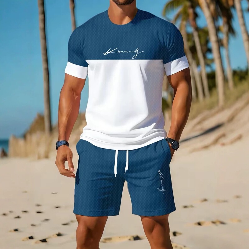 Summer Men's Gradient Suit with Balance Letter Print Short-Sleeved T-Shirt and Shorts Two-Piece Set Casual Sports Set