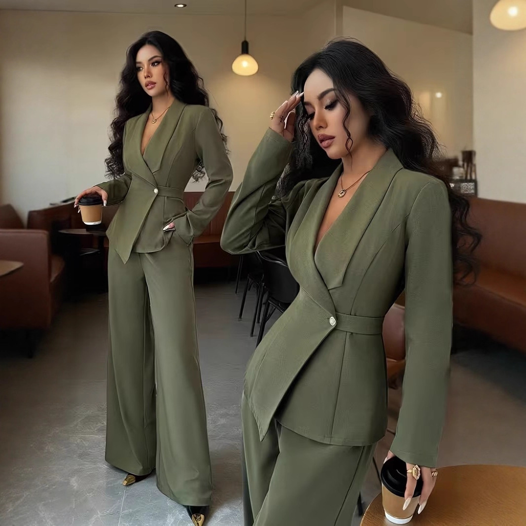 European American Women's Fashion Spring Autumn Casual Suit, Ladies' Solid Color V-neck Long Blazer And Wide-leg Pants_ecoleips.com