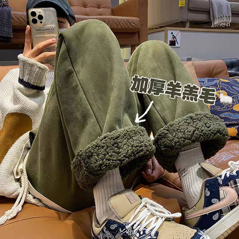 (2개) 벨벳 코튼 팬츠 기모 두꺼운 스트레이트 레그 팬츠 여성 가을 겨울 신학생 한국식 와이드 레그 팬츠 양고기 벨벳 따뜻한 캐주얼 바지