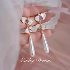 复古长款新中式优雅珍珠花朵耳环蚊香盘耳夹女无耳洞耳钉