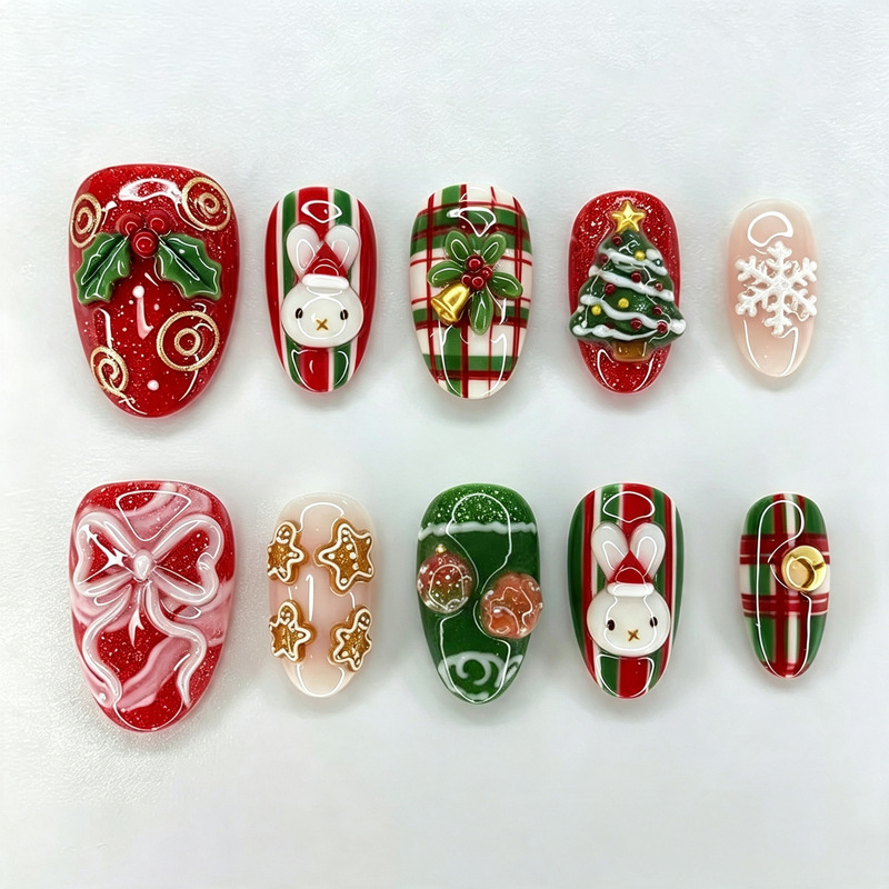 30 pieces of popular Christmas almond 3D exquisite Christmas tree almond press-on nails with beautiful bows