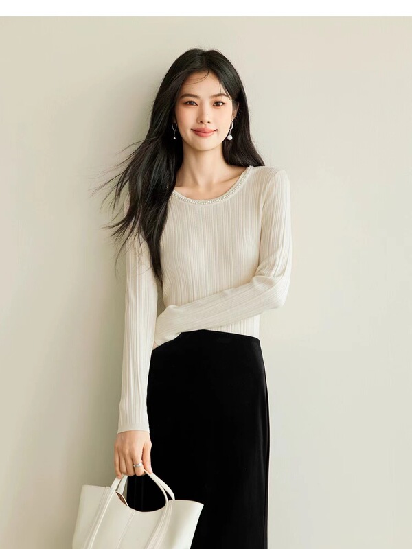 伊*L女装手工钉珠羊毛针织衫25秋装新款圆领修身打底衫1G9932591|undefined