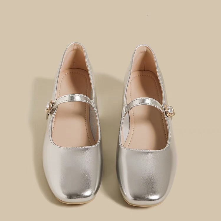 silver Mary Jane Shoes Shoes Women's Spring and Summer 2025 New Small Leather Shoes French Square Toe Retro Low Heeled Ballet Shoes