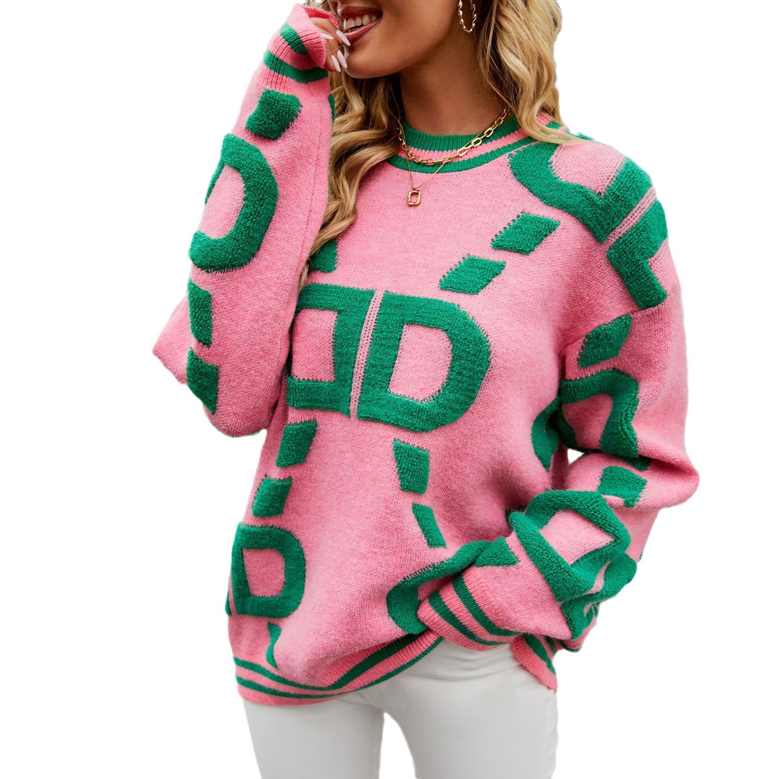 Women's Clothing casual contrast color round neck sweater for women short style temperament commuting simple atmosphere loose fashion pullover sweater_voghion.com