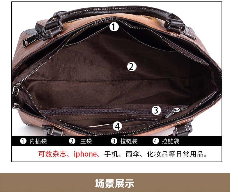 Túi xách tay nữ da bò cổ điển phong cách Trung Hoa, màu xéo vintage, sức chứa lớn — Màu đen cổ điển, Màu nâu cổ điển, Màu đỏ cổ điển chi tiết 9