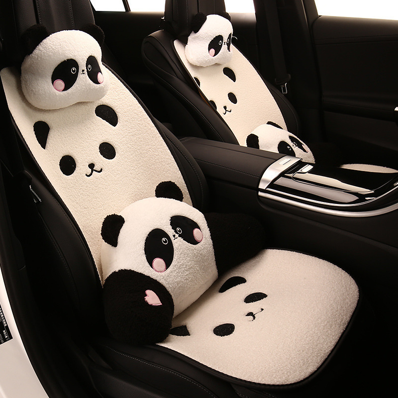 网红熊猫汽车坐垫冬季泰迪绒毛绒黑白座垫可爱卡通座椅垫女士座套