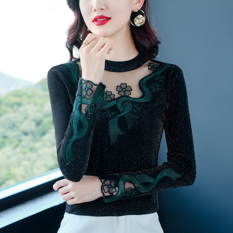 Cross-Border Wholesale European Goods Spring and Autumn European Style T-Shirt Hollow Lace Base Shirt Women's Long-Sleeve Top Outerwear Blouse Cross-Border Wholesale European Goods Spring and Autumn European Style T-Shirt Hollow Lace Base Shirt Women's Long-Sleeve Top Outerwear Blouse